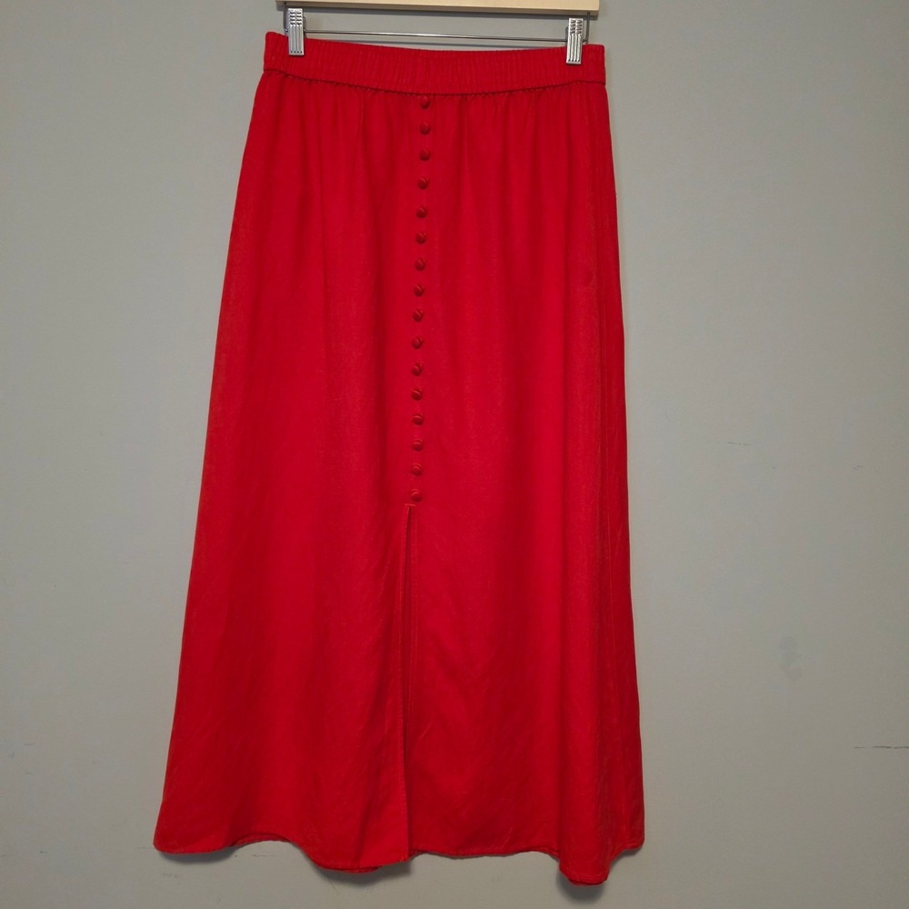 Red Linen Blend Button Front Maxi Skirt Elastic Waist Size Medium